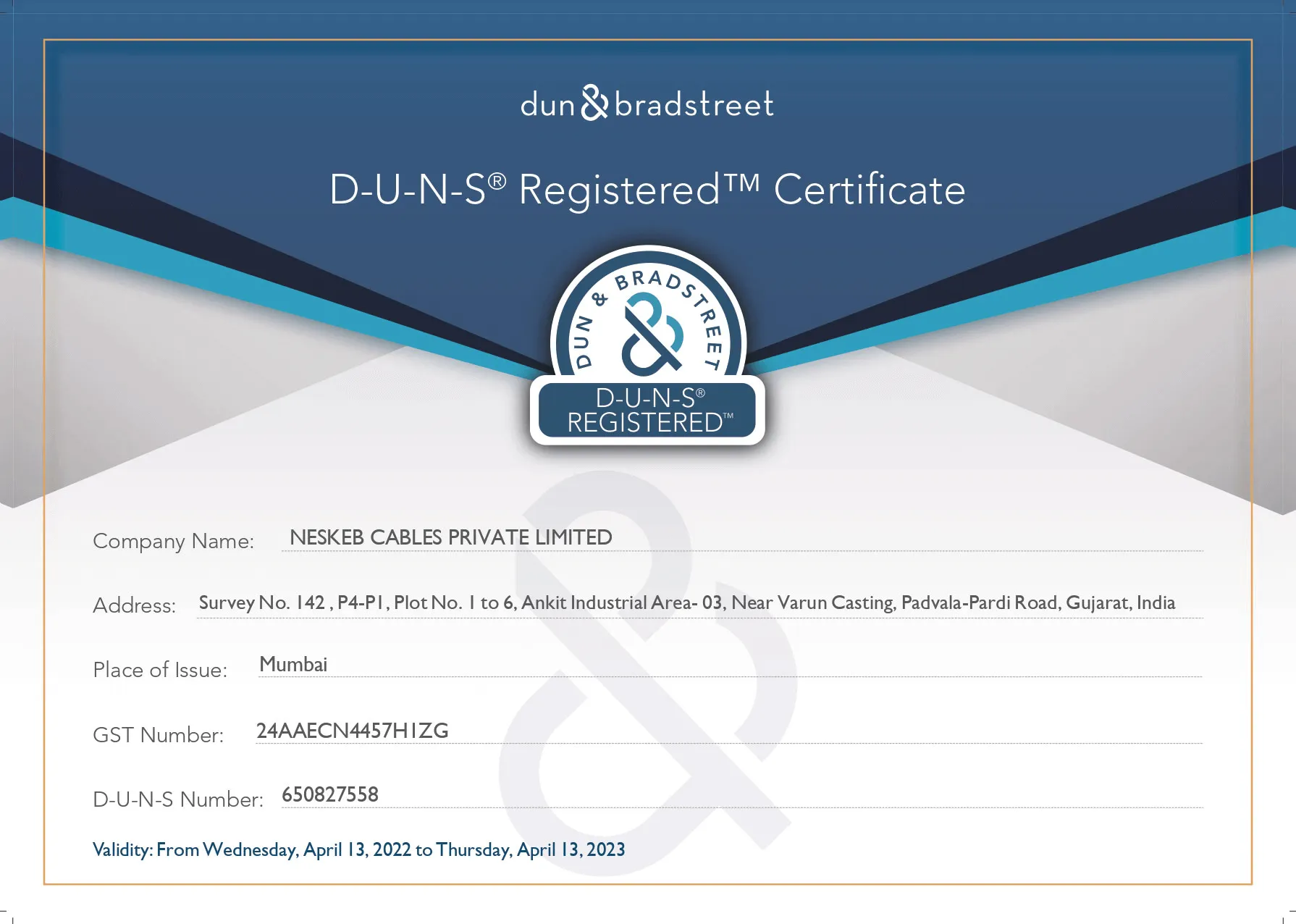 D & B Certificate